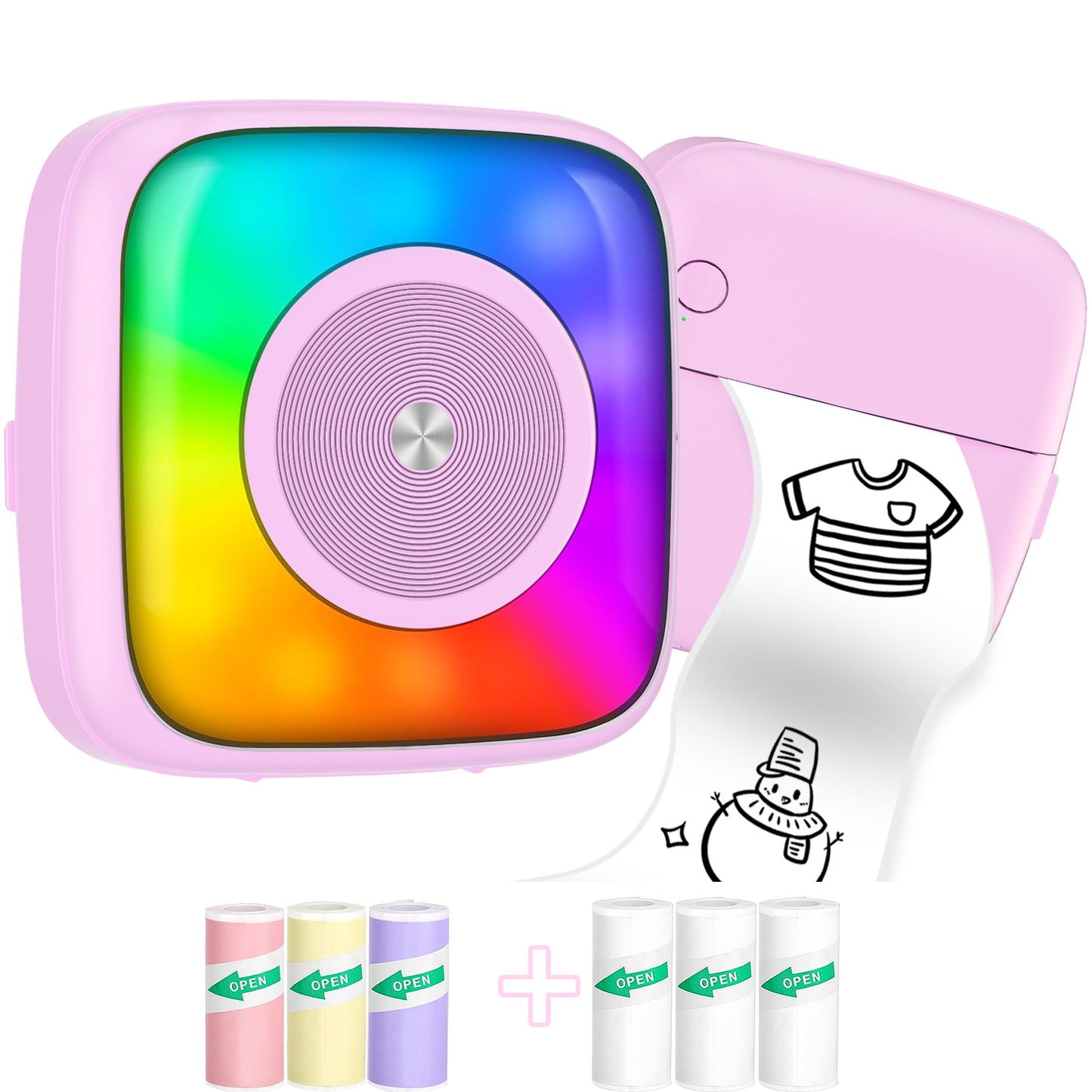 Mini Printer Sticker Printer Print Pod with 6 Rolls Sticker Paper, Seven Color Lighting Modes for DIY Scrapbook, Travel, Notes, Label, Memo, Compatible with iOS&Android
