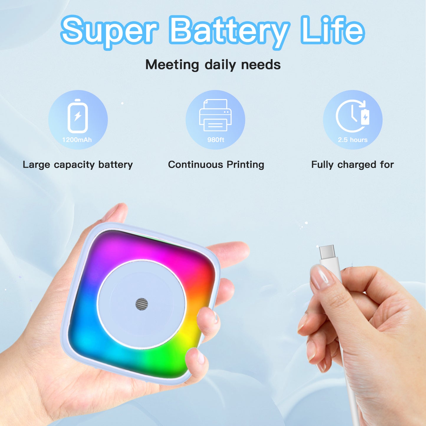 Mini Printer Sticker Printer Print Pod with 6 Rolls Sticker Paper, Seven Color Lighting Modes for DIY Scrapbook, Travel, Notes, Label, Memo, Compatible with iOS&Android