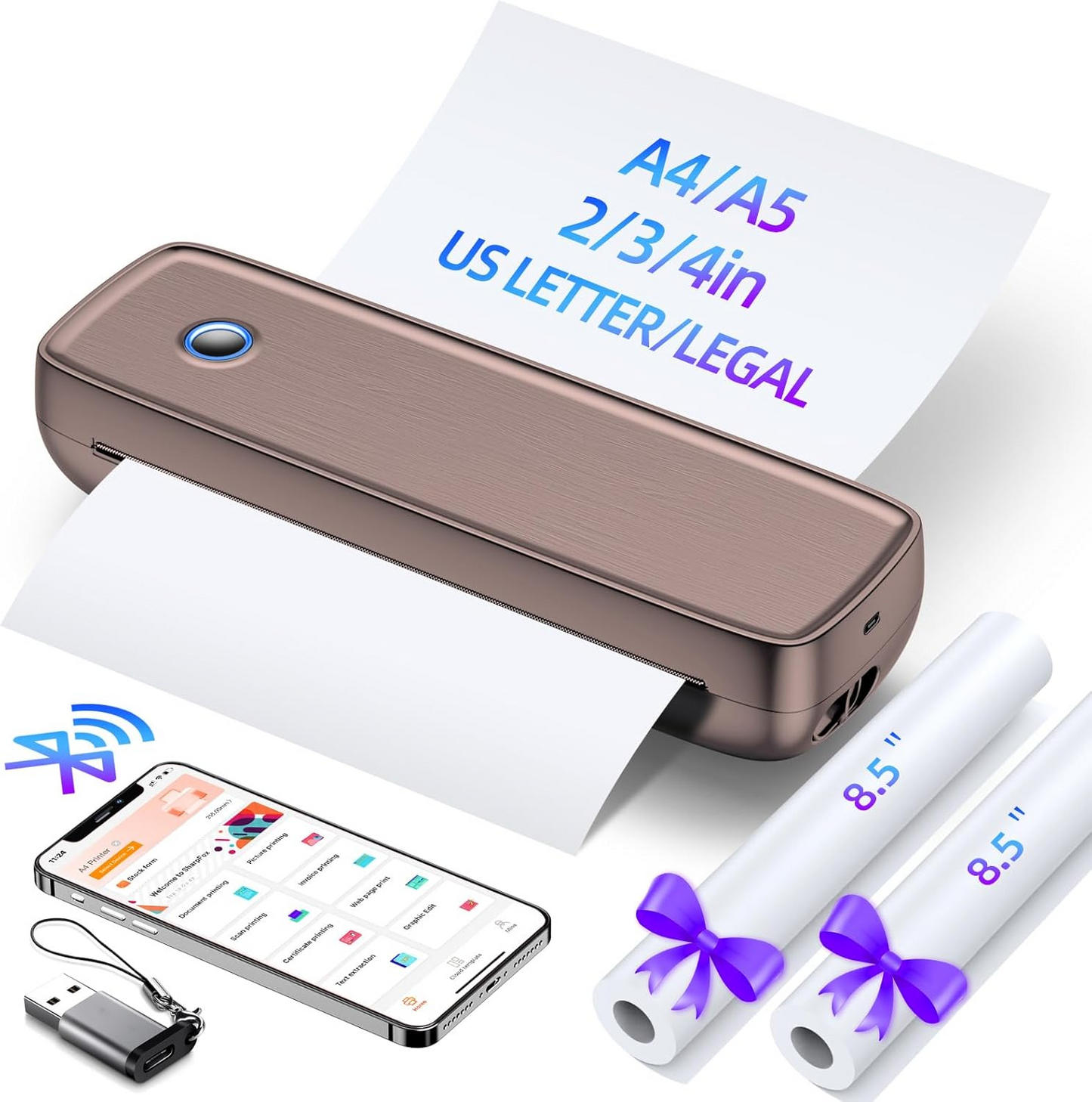 Portable Printer Wireless for Travel ITP04, Inkless Printer, Thermal Bluetooth Printer, Support 8.5x11&A4 Thermal Paper, Compatible with Android and iOS Phone & Laptop, Small Printer (White)
