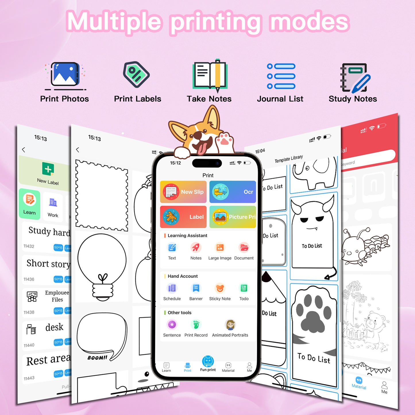 Mini Printer Sticker Printer Print Pod with 6 Rolls Sticker Paper, Seven Color Lighting Modes for DIY Scrapbook, Travel, Notes, Label, Memo, Compatible with iOS&Android