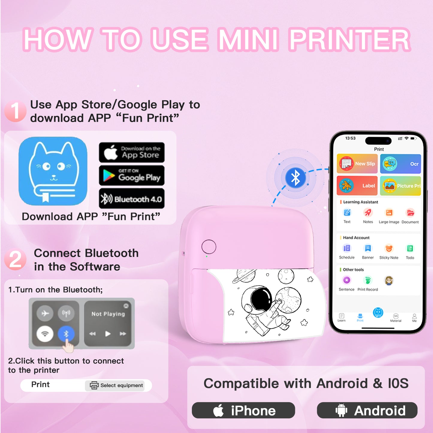 Mini Printer Sticker Printer Print Pod with 6 Rolls Sticker Paper, Seven Color Lighting Modes for DIY Scrapbook, Travel, Notes, Label, Memo, Compatible with iOS&Android