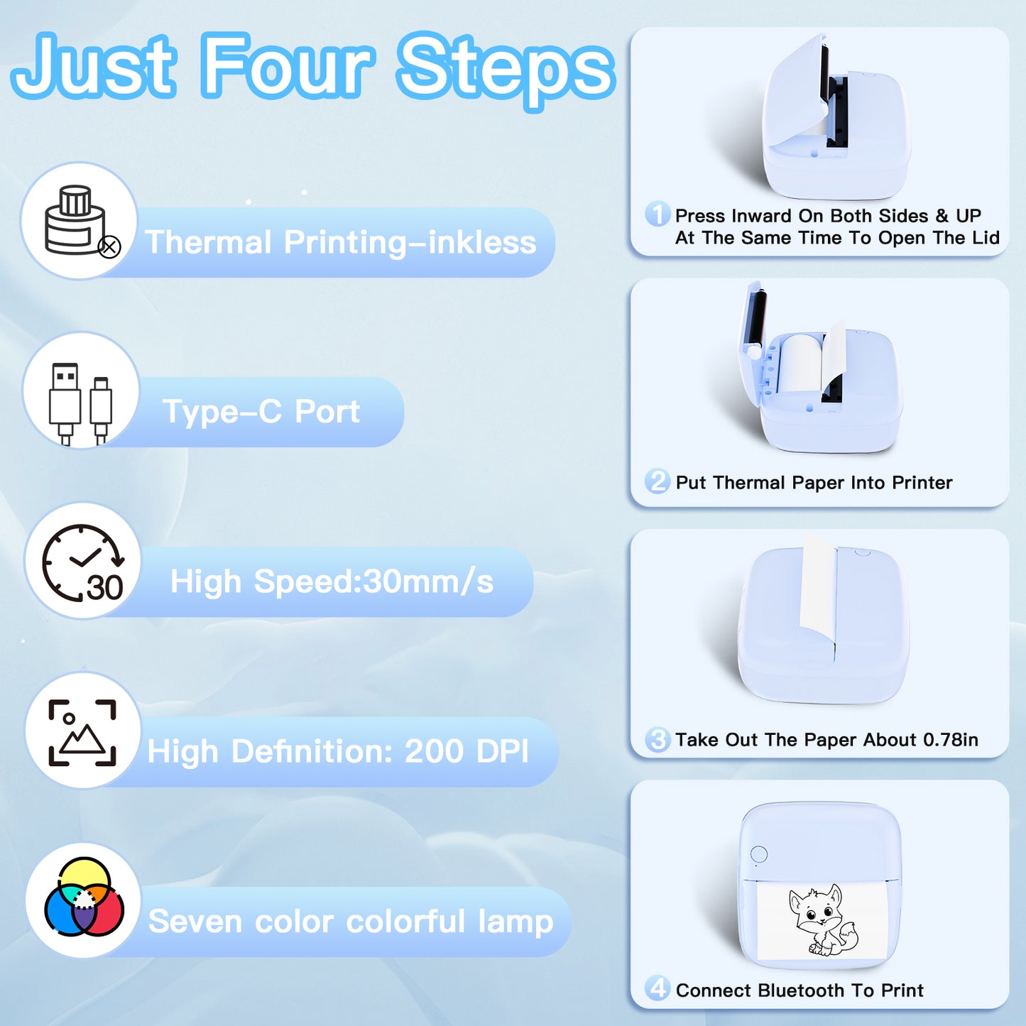 Mini Printer Sticker Printer Print Pod with 6 Rolls Sticker Paper, Seven Color Lighting Modes for DIY Scrapbook, Travel, Notes, Label, Memo, Compatible with iOS&Android
