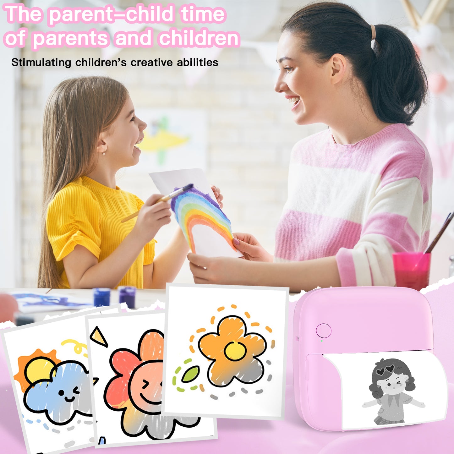 Mini Printer Sticker Printer Print Pod with 6 Rolls Sticker Paper, Seven Color Lighting Modes for DIY Scrapbook, Travel, Notes, Label, Memo, Compatible with iOS&Android