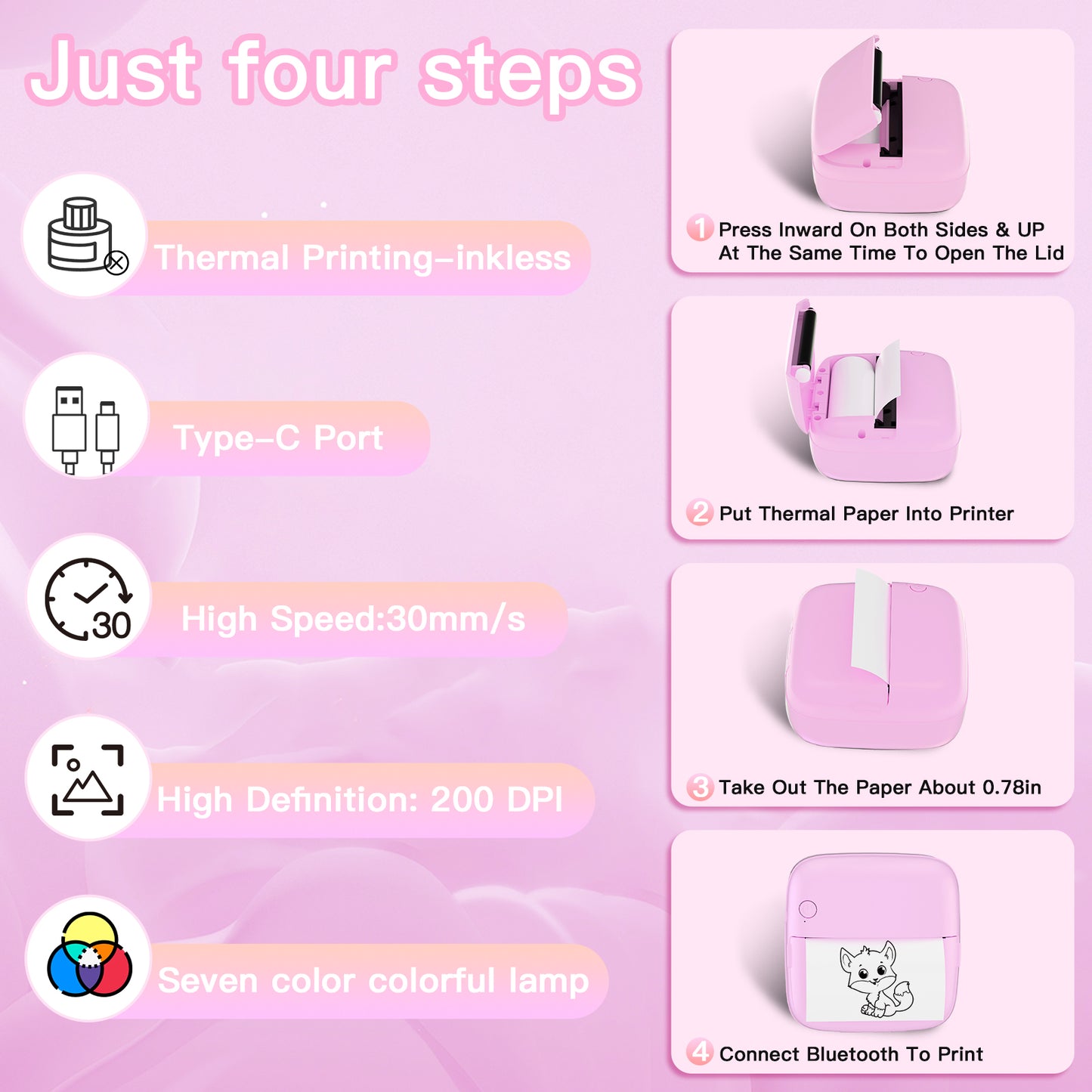 Mini Printer Sticker Printer Print Pod with 6 Rolls Sticker Paper, Seven Color Lighting Modes for DIY Scrapbook, Travel, Notes, Label, Memo, Compatible with iOS&Android