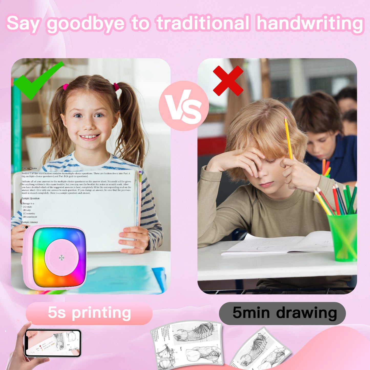 Mini Printer Sticker Printer Print Pod with 6 Rolls Sticker Paper, Seven Color Lighting Modes for DIY Scrapbook, Travel, Notes, Label, Memo, Compatible with iOS&Android