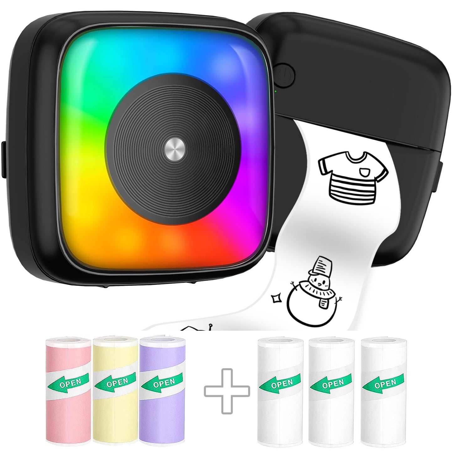 Mini Printer Sticker Printer Print Pod with 6 Rolls Sticker Paper, Seven Color Lighting Modes for DIY Scrapbook, Travel, Notes, Label, Memo, Compatible with iOS&Android