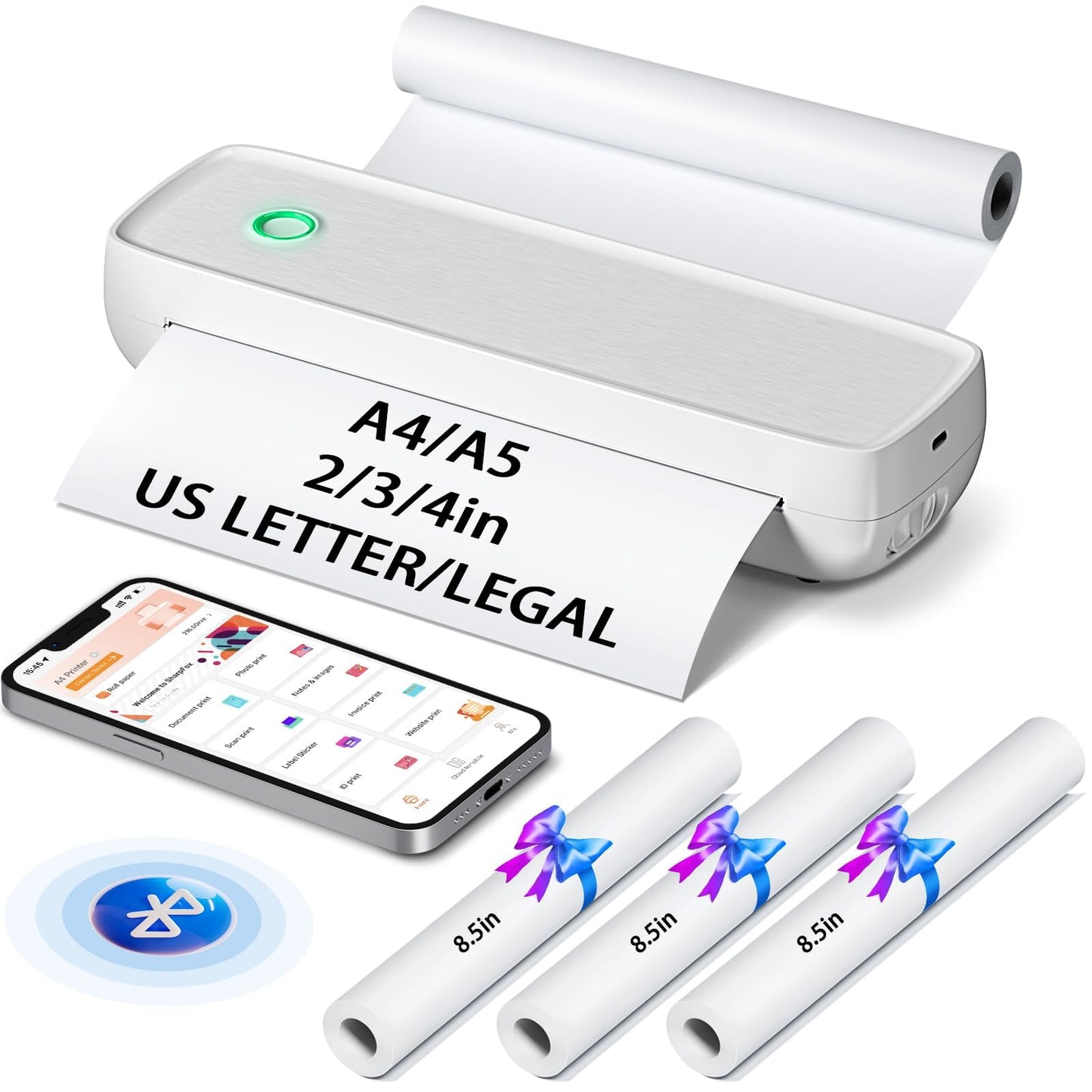 Portable Thermal Printer,Wireless Printer Supports 8.5" X 11"US Letter&Legal,A4&A5 Paper,Bluetooth Printer with 3 rolls of thermal paper,Compatible with Android iOS & Laptop for Office Home Car