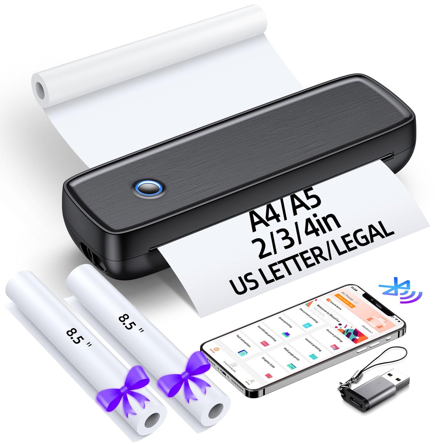 Portable Printer Wireless for Travel,Bluetooth Thermal Printer Support 8.5" X 11" US Letter &Legal, A4&A5 Thermal Paper, Inkless Printer Compatible with iOS, Android & Laptop for Office Car