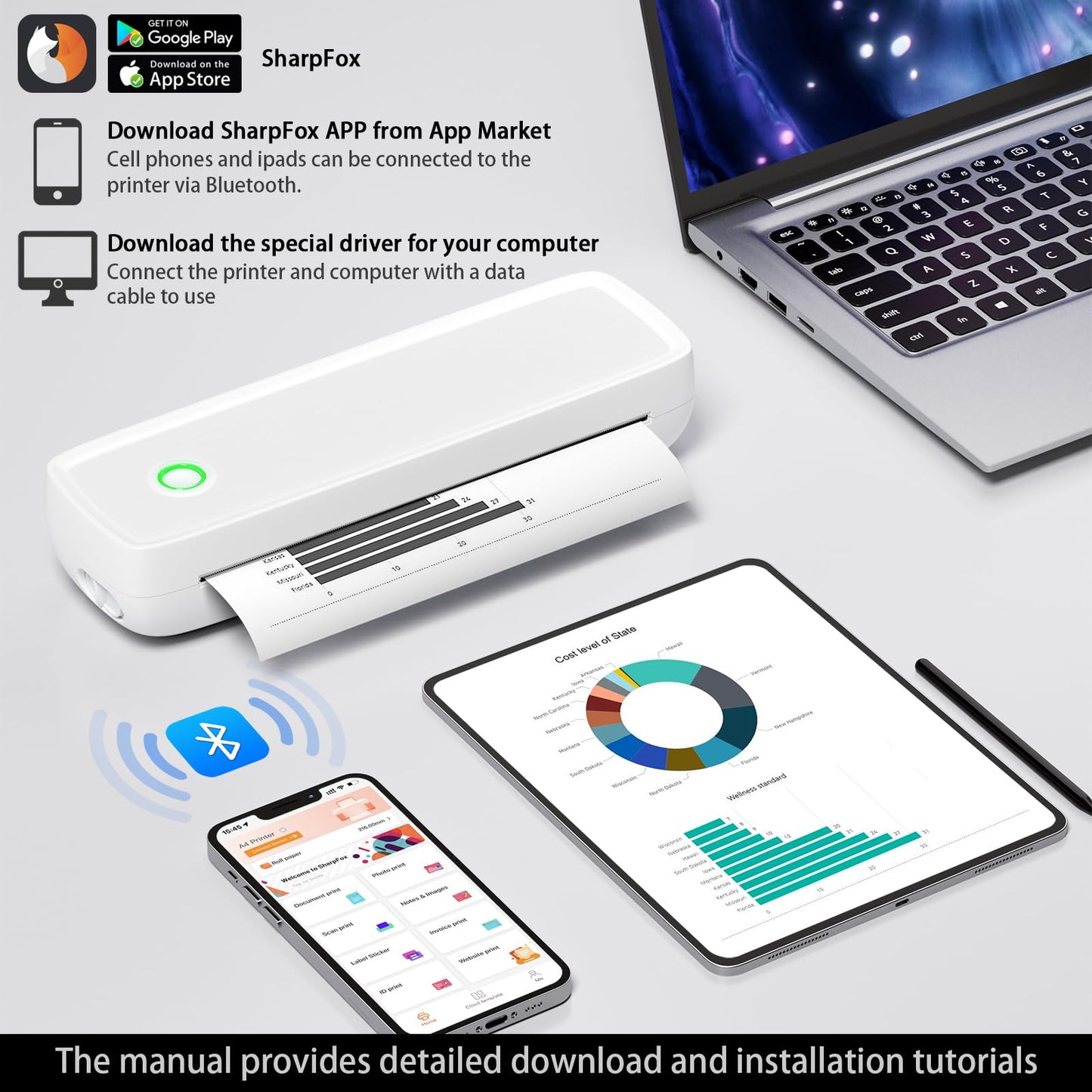 Portable Thermal Printer,Wireless Printer Supports 8.5" X 11"US Letter&Legal,A4&A5 Paper,Bluetooth Printer with 3 rolls of thermal paper,Compatible with Android iOS & Laptop for Office Home Car