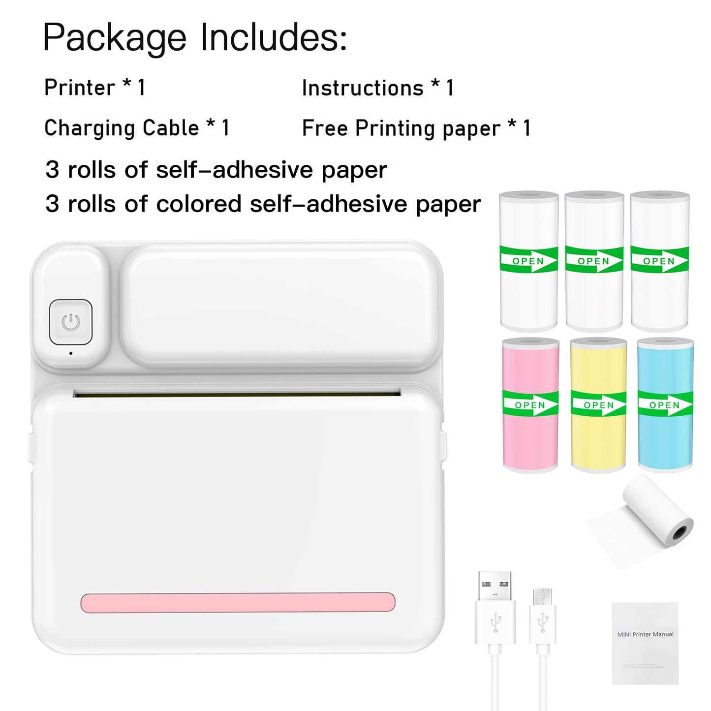 Mini Sticker Printer - Bluetooth Thermal Label Printer for to-Do Lists, Journaling, Scrapbooking, and Study Notes - Inkless Portable Label Maker with 10 Rolls of Stickers Paper Included