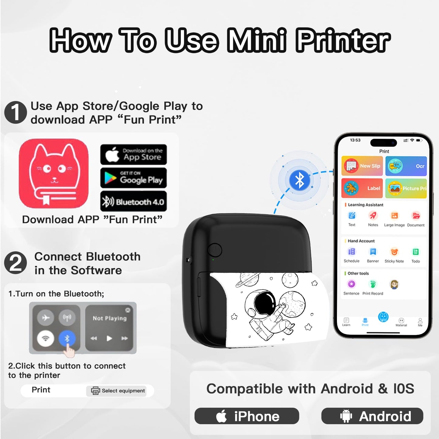 Mini Printer Sticker Printer Print Pod with 6 Rolls Sticker Paper, Seven Color Lighting Modes for DIY Scrapbook, Travel, Notes, Label, Memo, Compatible with iOS&Android