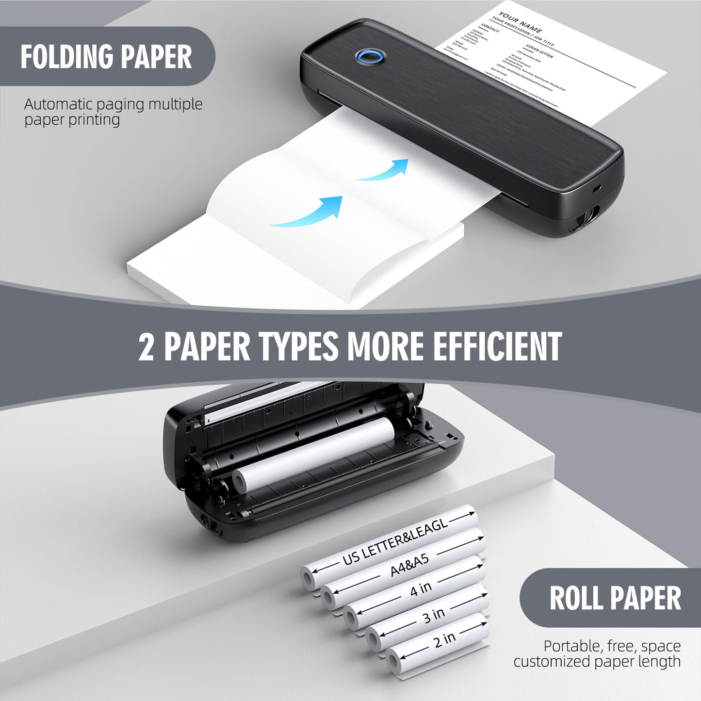 Portable Printer Wireless for Travel,Bluetooth Thermal Printer Support 8.5" X 11" US Letter &Legal, A4&A5 Thermal Paper, Inkless Printer Compatible with iOS, Android & Laptop for Office Car