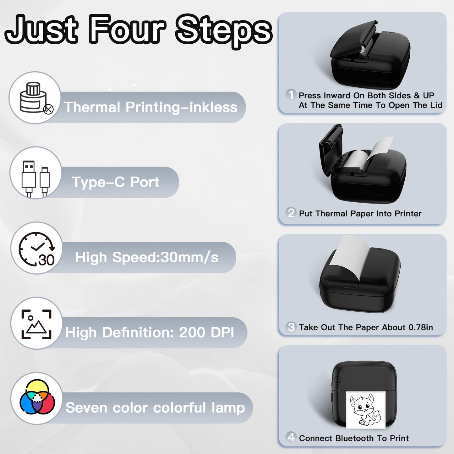 Mini Printer Sticker Printer Print Pod with 6 Rolls Sticker Paper, Seven Color Lighting Modes for DIY Scrapbook, Travel, Notes, Label, Memo, Compatible with iOS&Android