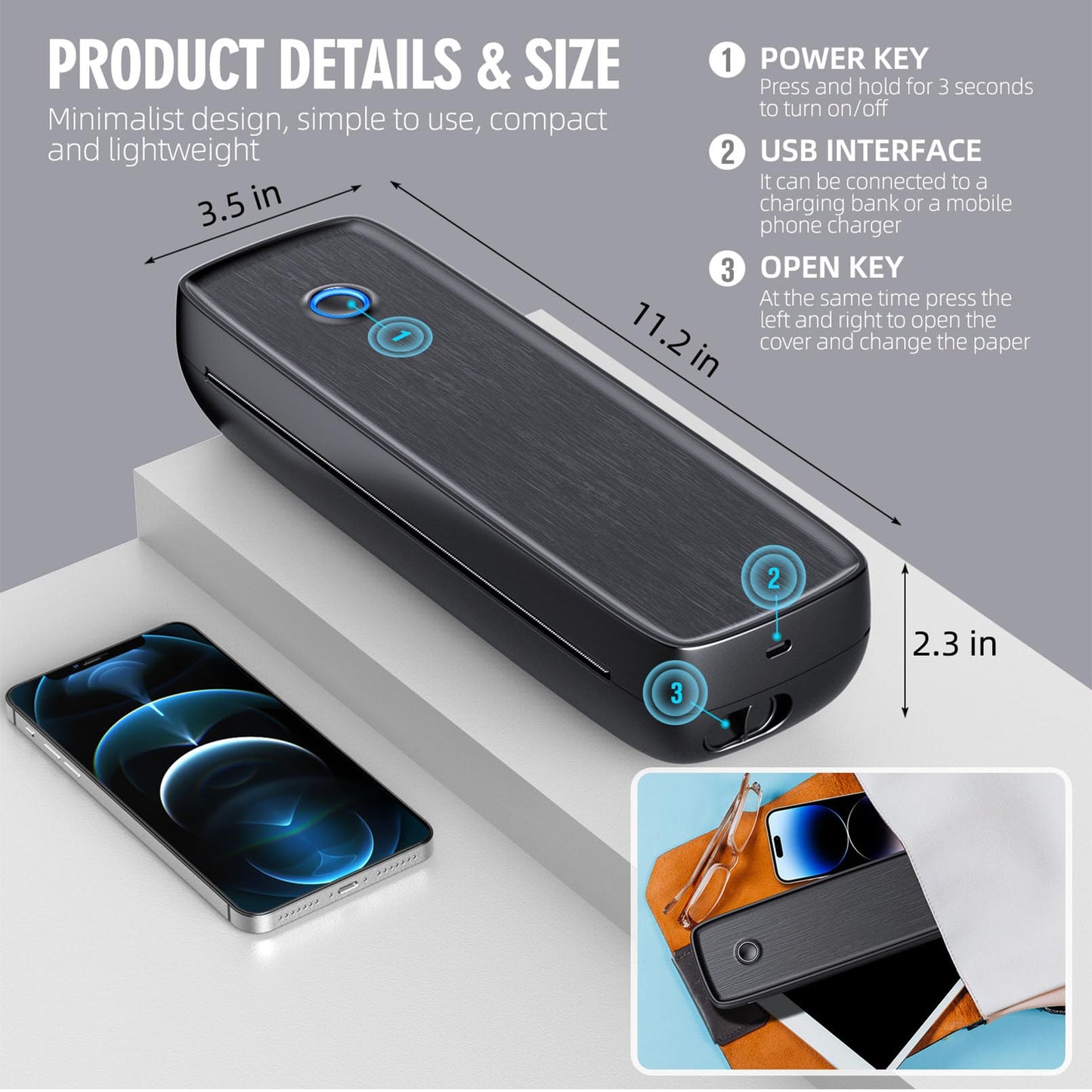 Portable Printer Wireless for Travel,Bluetooth Thermal Printer Support 8.5" X 11" US Letter &Legal, A4&A5 Thermal Paper, Inkless Printer Compatible with iOS, Android & Laptop for Office Car