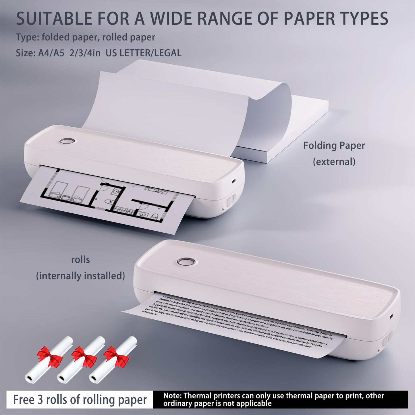 Portable Thermal Printer,Wireless Printer Supports 8.5" X 11"US Letter&Legal,A4&A5 Paper,Bluetooth Printer with 3 rolls of thermal paper,Compatible with Android iOS & Laptop for Office Home Car