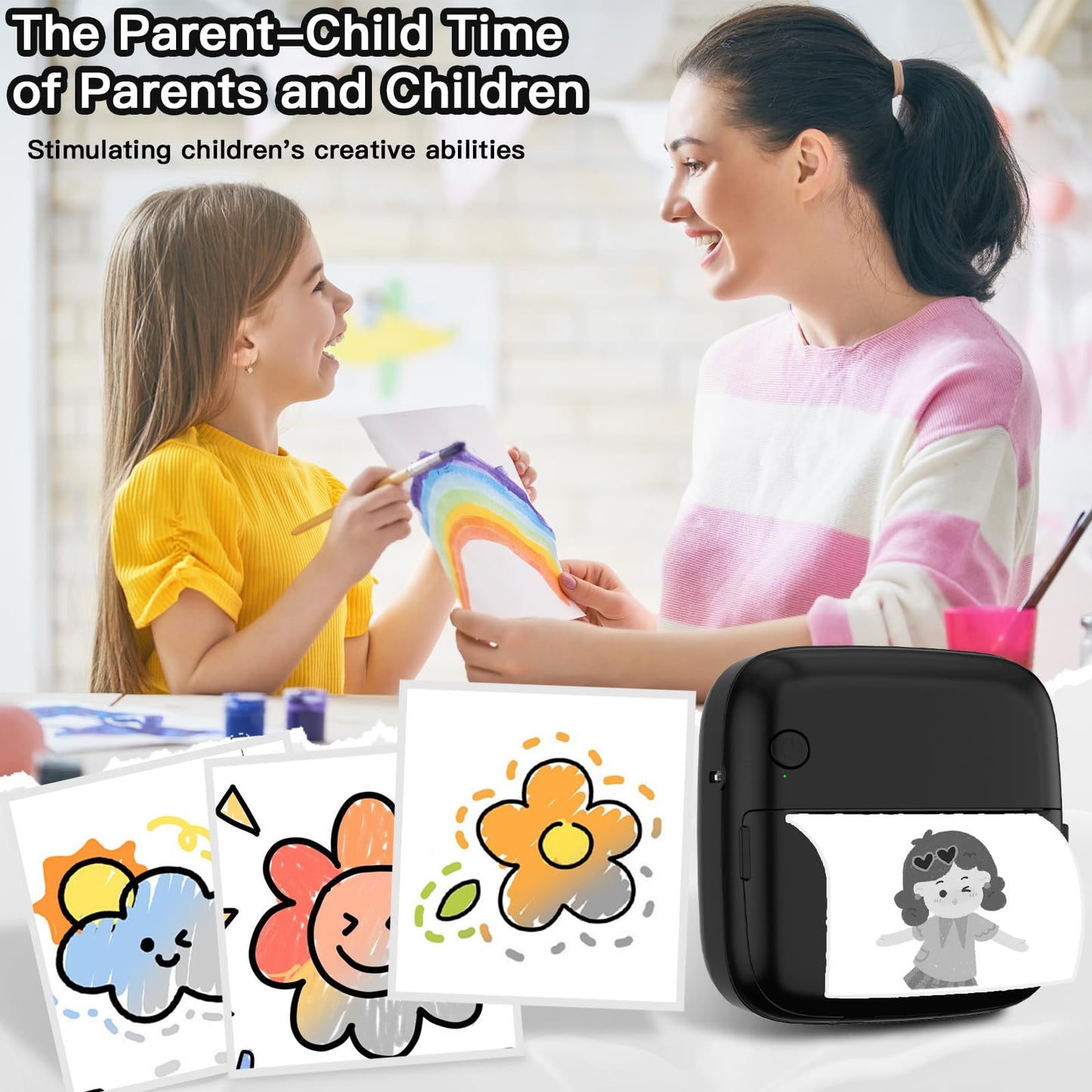 Mini Printer Sticker Printer Print Pod with 6 Rolls Sticker Paper, Seven Color Lighting Modes for DIY Scrapbook, Travel, Notes, Label, Memo, Compatible with iOS&Android