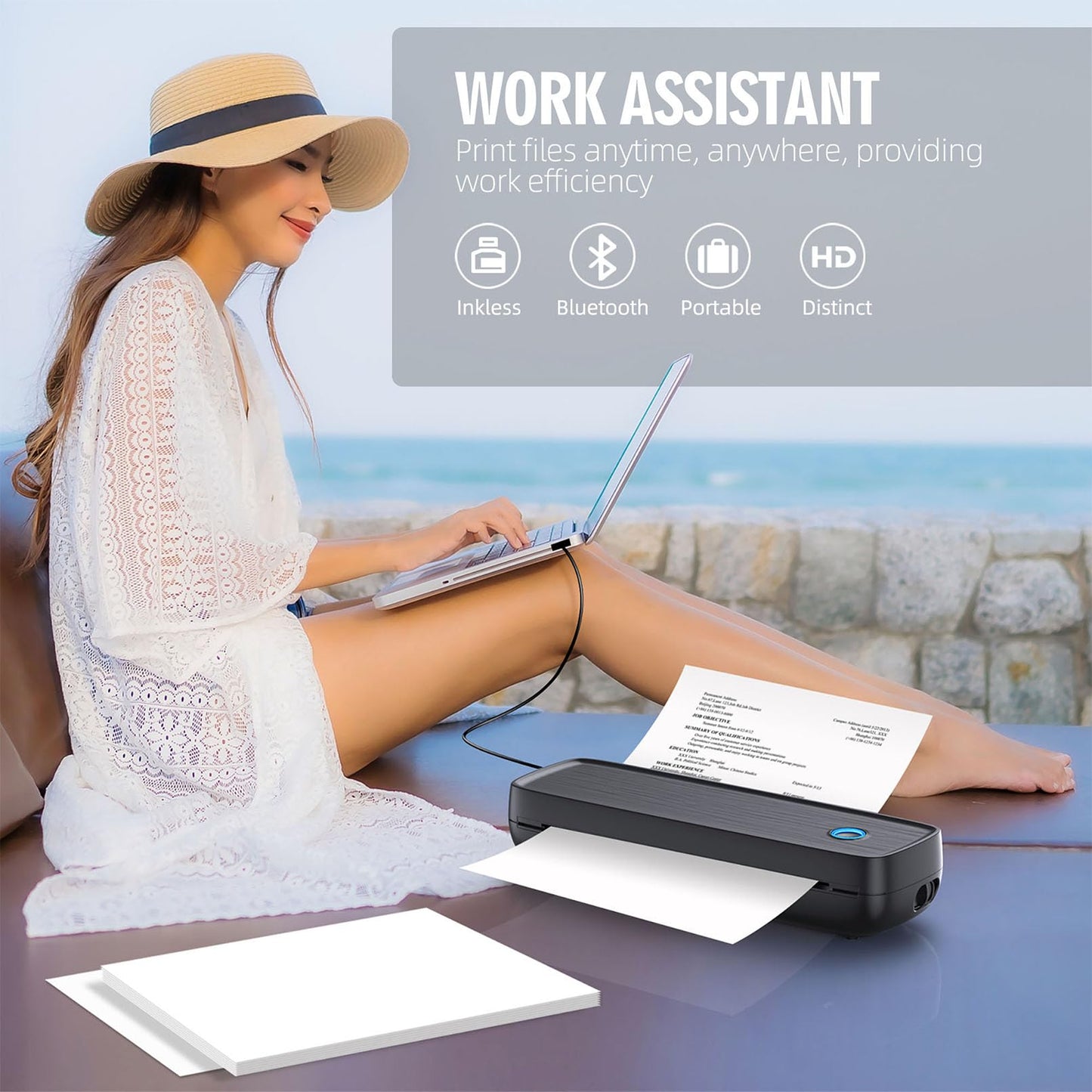 Portable Printer Wireless for Travel,Bluetooth Thermal Printer Support 8.5" X 11" US Letter &Legal, A4&A5 Thermal Paper, Inkless Printer Compatible with iOS, Android & Laptop for Office Car