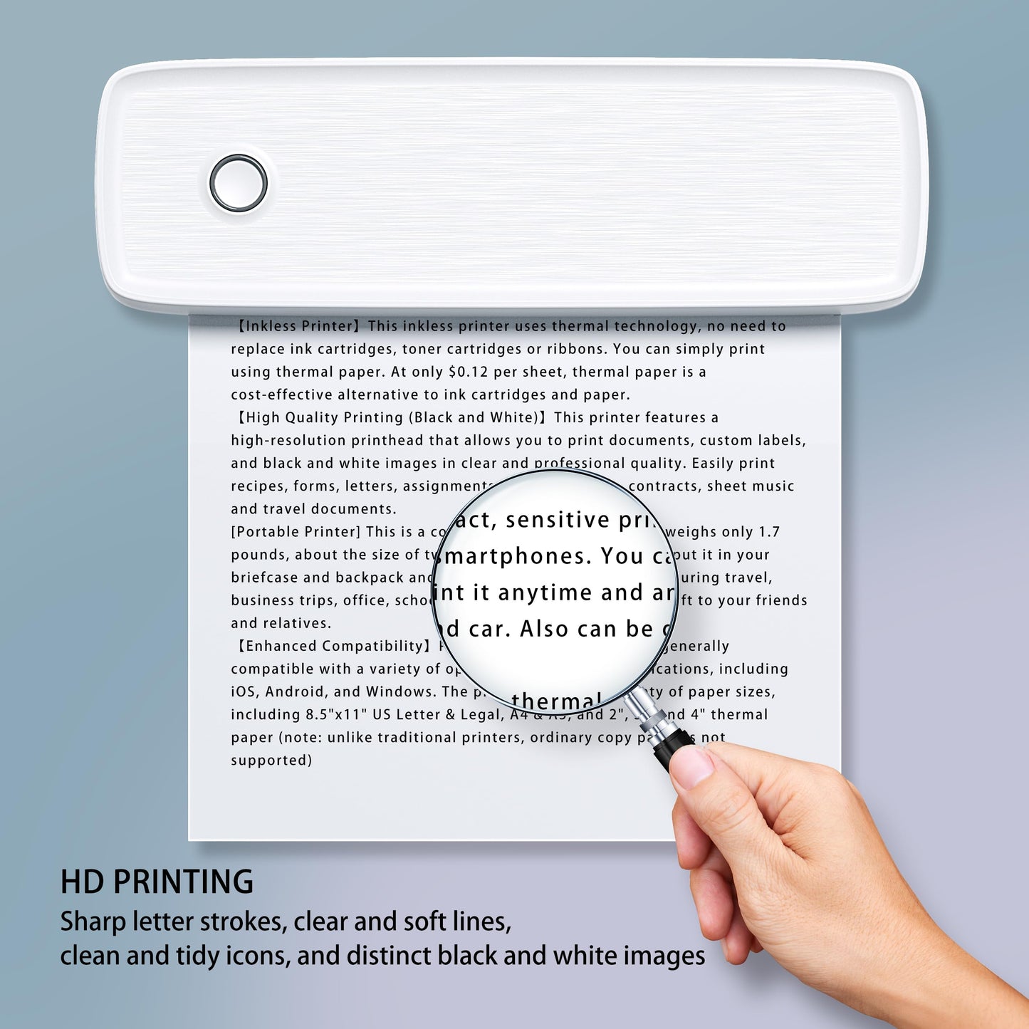 Portable Thermal Printer,Wireless Printer Supports 8.5" X 11"US Letter&Legal,A4&A5 Paper,Bluetooth Printer with 3 rolls of thermal paper,Compatible with Android iOS & Laptop for Office Home Car