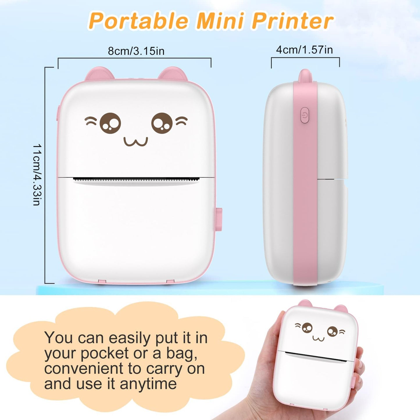 Mini Printer Sticker Thermal Printer with10 Rolls Paper, Bluetooth Portable Phone Printer,Study Printer for Pictures, Photos, Journals, DIY, Compatible with Phone & Tablet.